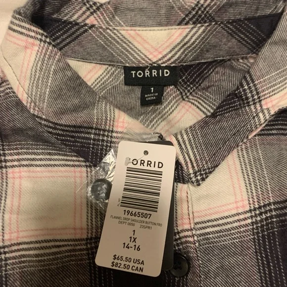 NEW Torrid 1 Flannel Drop Shoulder Button-Front Shirt, Mushroom Pocket, Plaid - Picture 11 of 12